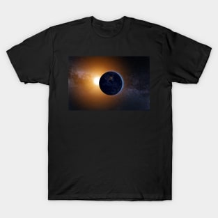 Planet Earth and rising Sun against Milky Way T-Shirt